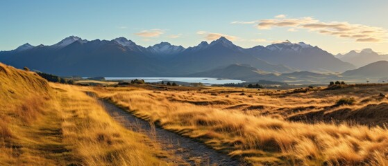 Wall Mural - scenic landscape with mountains and golden grass at sunset