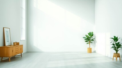 Wall Mural - Sunlit minimalist room interior with wooden sideboard and potted plants