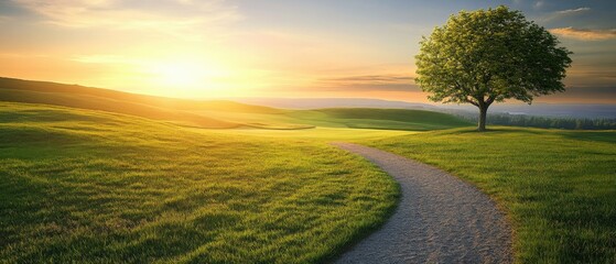 Wall Mural - scenic landscape with a winding path and a tree at sunset