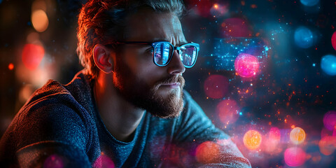 Aufkleber - A thoughtful man with glasses gazes into the distance amidst colorful bokeh lights.