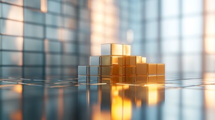 Poster - Glimmering Gold and Silver Cubes on Reflective Surface Indoors