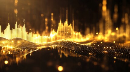 Poster - Golden Abstract Visual with Wave Patterns and Sparkling Lights