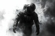 © DudeDesignStudio - A monochrome depiction of an astronaut emerging from a cloud of cosmic dust.