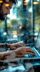 Poster - A person typing on a laptop, focused and engaged, with a blurred outdoor background.