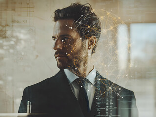 Aufkleber - A professional man gazes thoughtfully, with digital elements symbolizing innovation and technology.