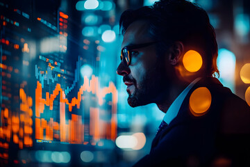 Aufkleber - Business professional analyzing data with stock market graphs in a digital environment.