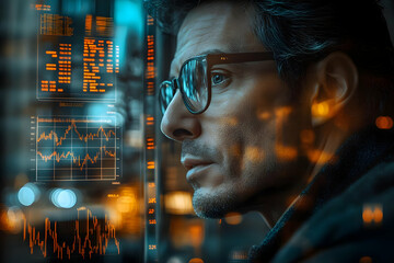 Poster - A man gazing thoughtfully at digital data and graphs, reflecting on analytics and insights.
