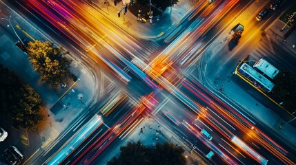 Fototapete - Aerial View of Busy City Intersection with Light Trails at Night