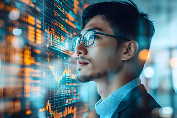 Poster - A focused professional analyzing financial data on a digital screen.