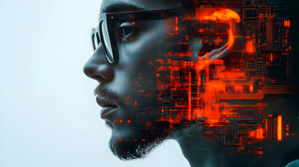 Aufkleber - A digital artwork depicting a profile of a person with a tech-inspired overlay.