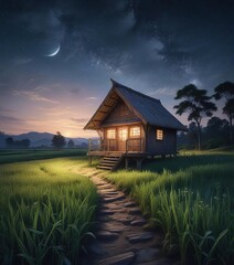 Wall Mural - Enchanting watercolor illustration of wooden hut in rice field under starry night sky, traditional farming, idyllic, tranquil