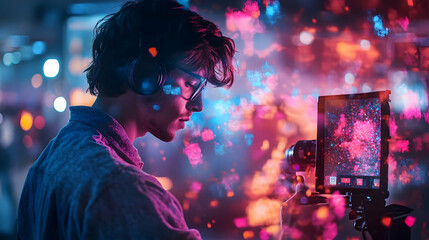Poster - A young man with headphones focuses on a camera, surrounded by colorful light effects.