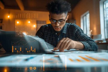 Poster - A young man analyzes data and charts while working on a laptop in a modern workspace.