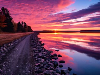 Wall Mural - scenic sunset over a tranquil lake with vibrant colors reflecting on the water