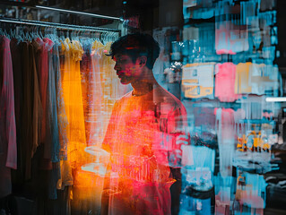 Poster - A person stands amidst colorful clothing, creating a vibrant, abstract atmosphere.