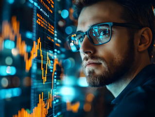 Poster - A focused individual analyzes financial data on a digital screen, reflecting a tech-driven environment.