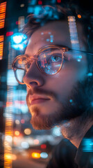 Aufkleber - A contemplative individual gazes at a vibrant, illuminated cityscape, reflecting on technology.