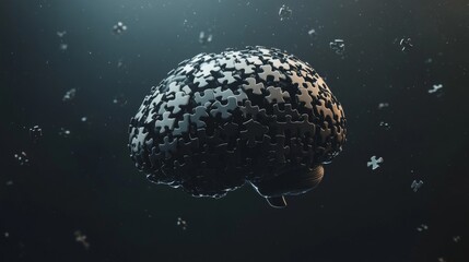 Poster - Abstract Concept of Brain with Puzzle Pieces in Dark Environment