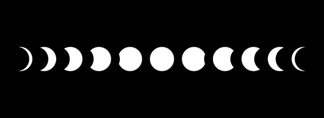 Wall Mural - full sun eclipse concept. set of moon phases or stages. total sun eclipse and lunar cycle. black and