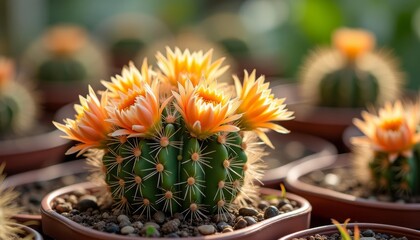 Poster -  Blooming cacti in vibrant pots a splash of desert beauty