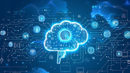 Wall Mural - abstract illustration depicting a brain-shaped cloud connected to global network, symbolizing interc