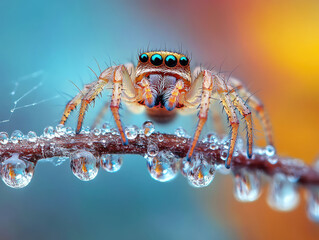 Close-up of a tiny spider spinning its web on a leaf.