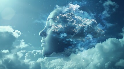 Wall Mural - serene portrait of a woman's face merging with a dreamy night sky, evoking feelings of peace and tra
