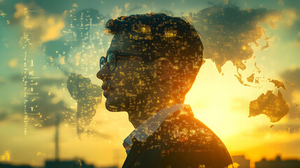 Poster - A silhouette of a man against a sunset, overlaid with a world map and digital data.