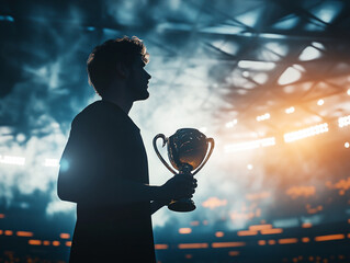 Silhouette of a player holding a trophy in the stadium ai generated