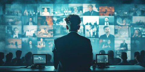 Poster - A person in a suit observes multiple screens displaying various individuals and scenes.