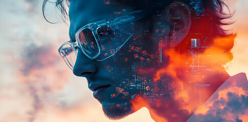 Aufkleber - A profile of a man with glasses, overlaid with a digital and colorful abstract design.