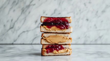 Wall Mural - Classic Peanut Butter and Jelly Sandwich Stacked on Marble Background