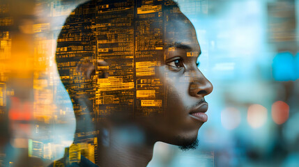 Aufkleber - A profile of a person overlaid with digital data, symbolizing technology and innovation.
