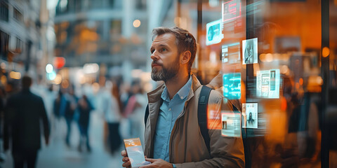 Poster - A man stands thoughtfully in a busy urban setting, looking at digital displays.