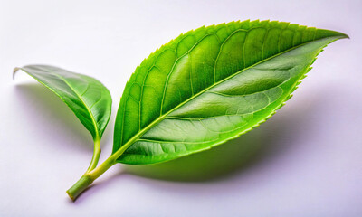 Wall Mural - bright green fresh tea leaf on a light background