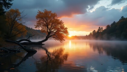 Poster -  Peaceful Sunset by the Lake