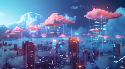 Wall Mural - futuristic city with cloud computing servers illustrating digital transformation.