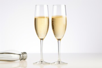 two elegant champagne flutes with bubbles on a reflective surface