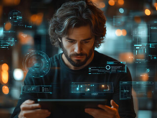 Poster - A focused man interacts with a tablet, surrounded by digital data visualizations.