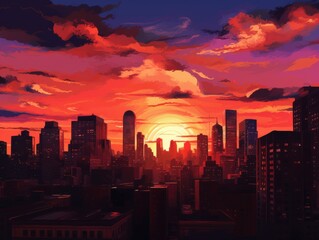 Wall Mural - vibrant sunset over a city skyline with dramatic clouds