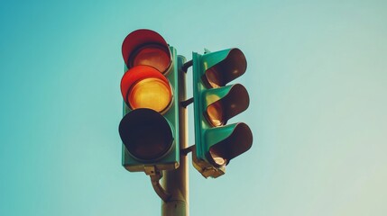 Poster - Traffic Light with Red Yellow Green Signals Against Blue Sky
