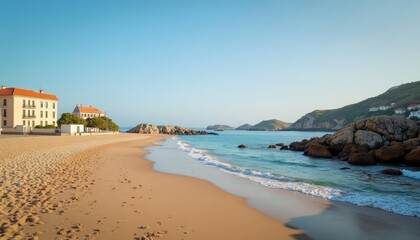 Wall Mural -  Tranquil beachfront with clear blue waters and rocky outcrops