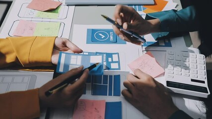 Wall Mural - ux developer and ui designer brainstorming about mobile app interface wireframe design with customer