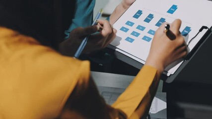 Wall Mural - ux developer and ui designer brainstorming about mobile app interface wireframe design with customer