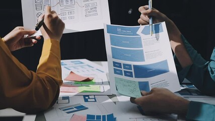 Wall Mural - ux developer and ui designer brainstorming about mobile app interface wireframe design with customer