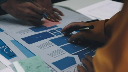 Wall Mural - ux developer and ui designer brainstorming about mobile app interface wireframe design with customer