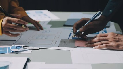 Wall Mural - ux developer and ui designer brainstorming about mobile app interface wireframe design with customer