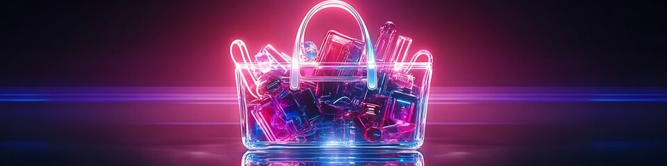 A stunning, sharp image of a transparent handbag full of neon objects on a reflective surface, illuminated by glowing lights, vivid and visually appealing in high-definition