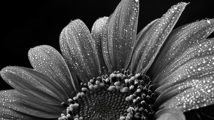 Aufkleber - Black and White Flower with Dew Drops on Petals and Leaves