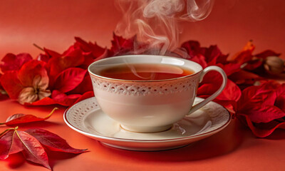 Wall Mural - beautiful porcelain cup with hot tea on a red background